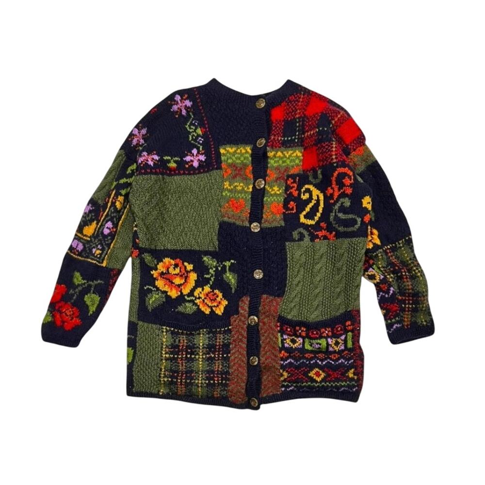 ★ Laura Ashley Patchwork Knitted Cardigan w/ Multicolor Floral & Plaid Design ★